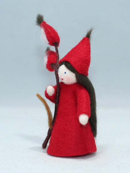 Rose Hips Fairy (miniature standing felt doll, holding fruit, frosty outfit)