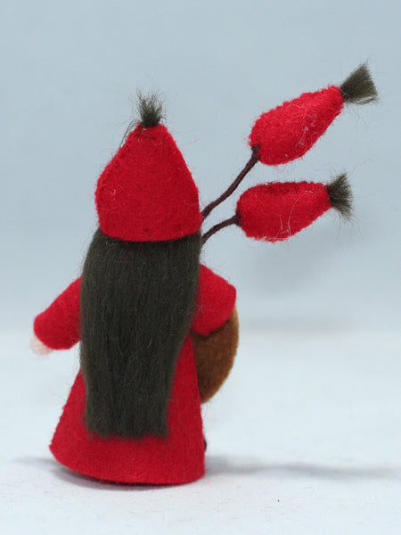 Rose Hips Fairy (miniature standing felt doll, holding fruit, frosty outfit)